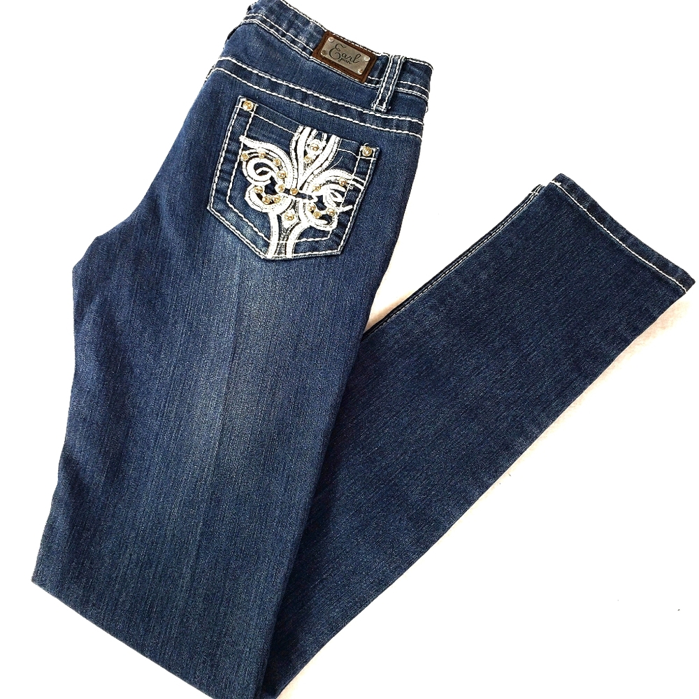 Earl Women's Jeans sz 5 Straight Leg Denim Embellished Pocket Embroidery Y2K